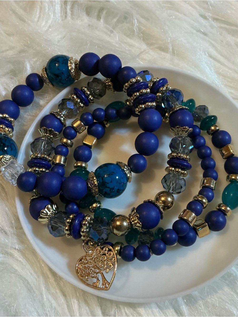4pc beautiful blues and gold-tone heart/tree charm bracelets